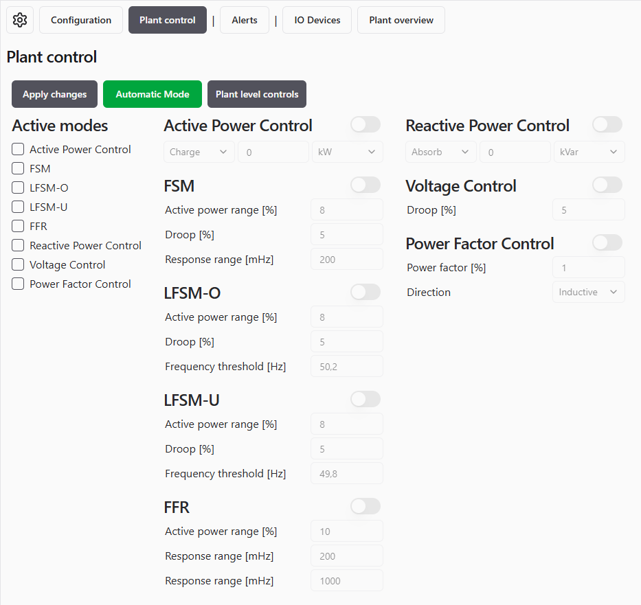 PPC plant control settings